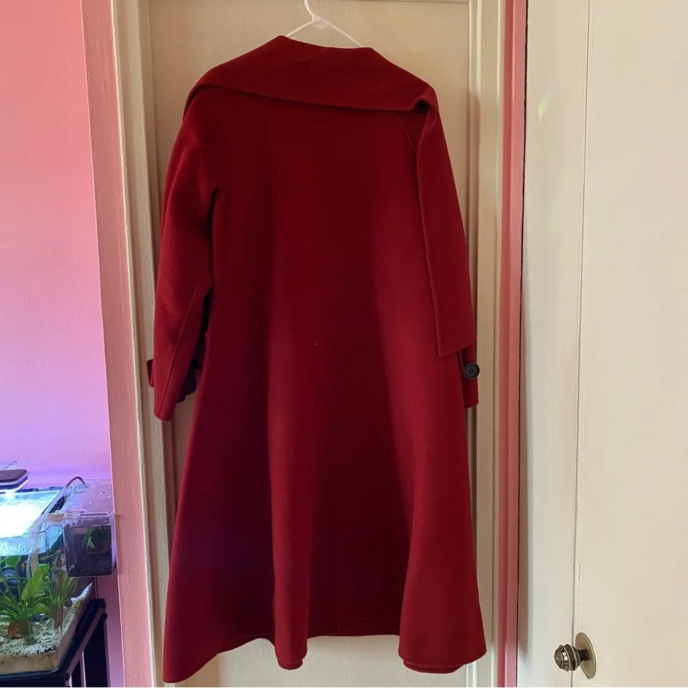 Red Long Length Felt A-Line Coat with Attached Scarf Wrap Panels